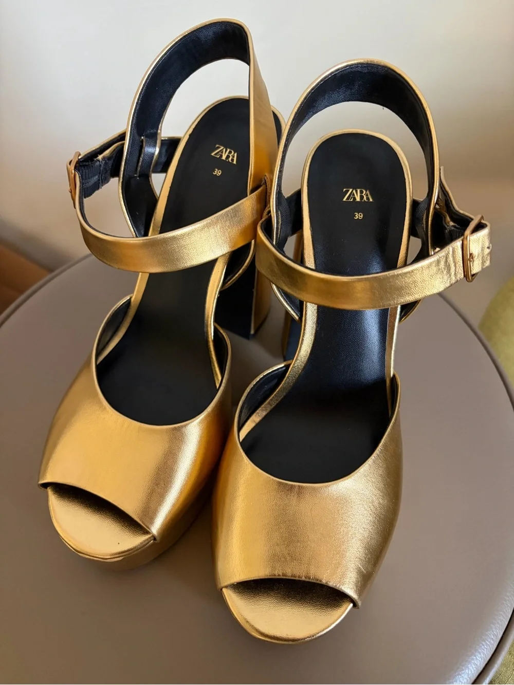 ZARA Metallic Gold Peep-Toe Platform Sandals